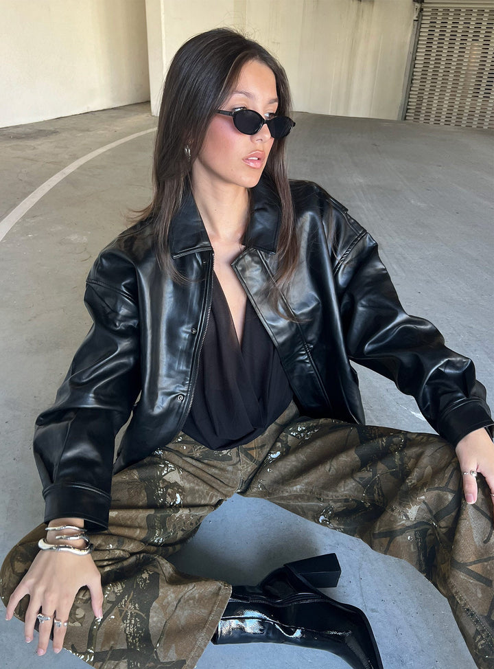 Nicole | Women’s oversized faux leather bomber jacket with button detail