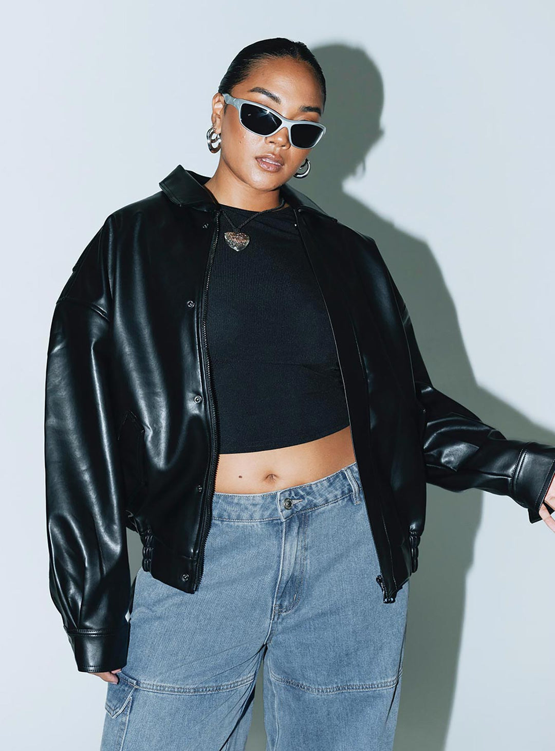 Nicole | Women’s oversized faux leather bomber jacket with button detail