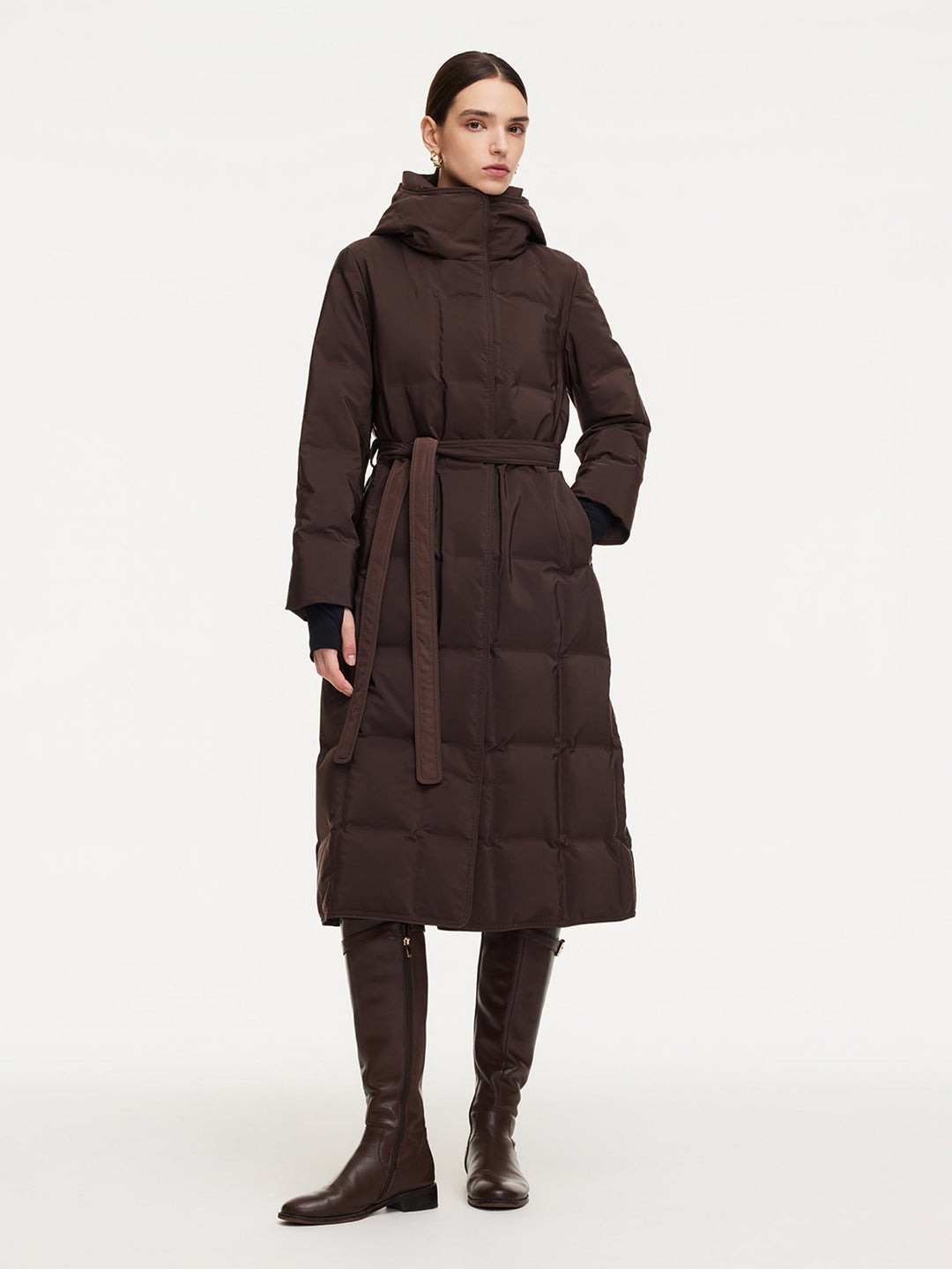 Ellyn | Women’s quilted hooded wrap overcoat with a structured winter silhouette