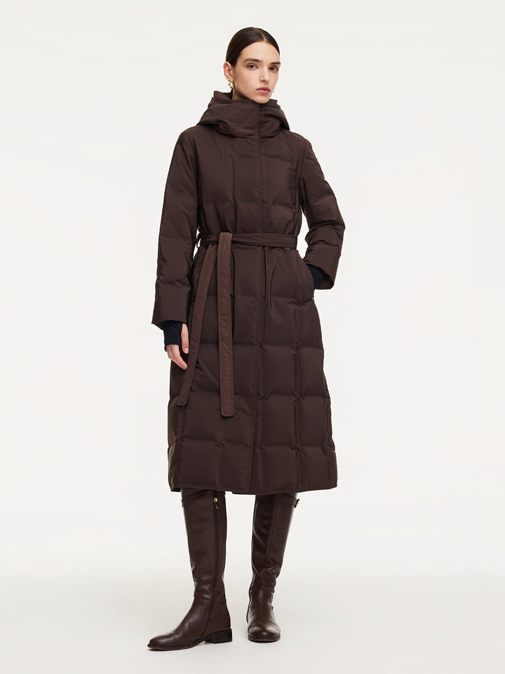 Ellyn | Women’s quilted hooded wrap overcoat with a structured winter silhouette