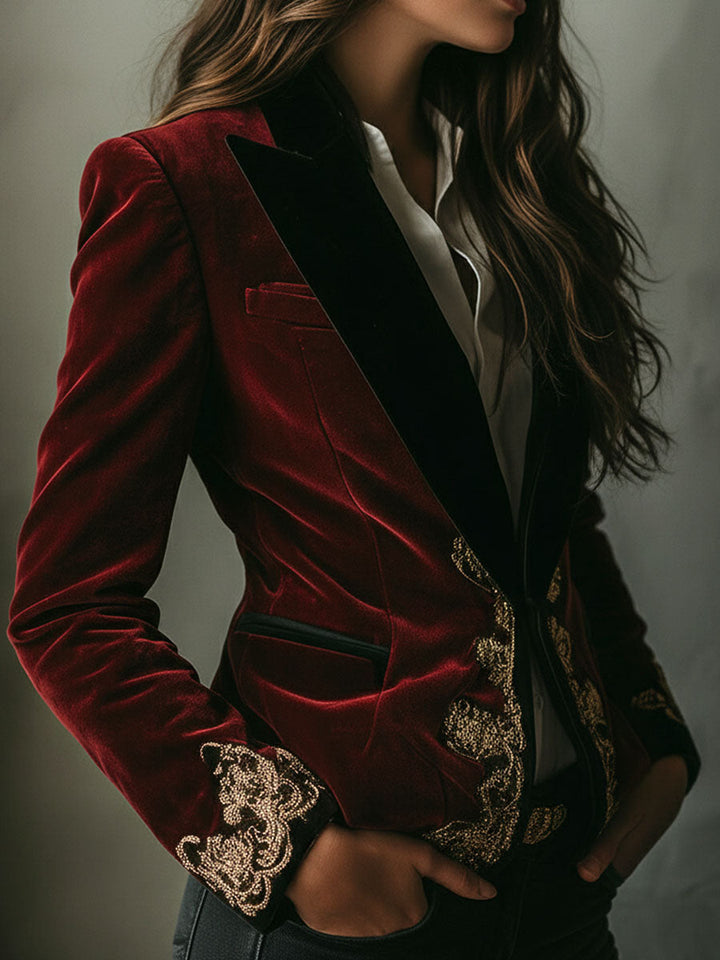 Elodie | Women’s velvet blazer with gold embroidery and black collar