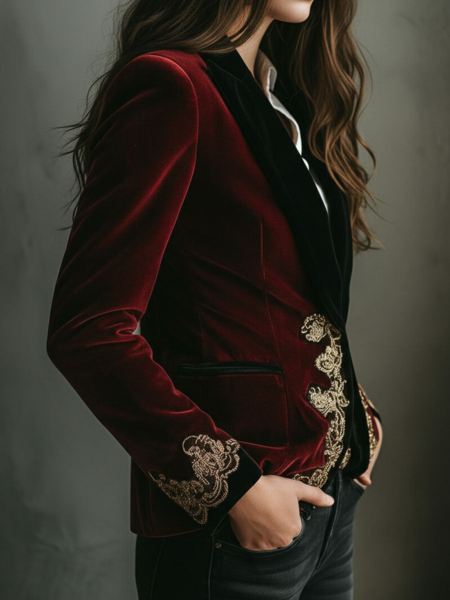 Elodie | Women’s velvet blazer with gold embroidery and black collar