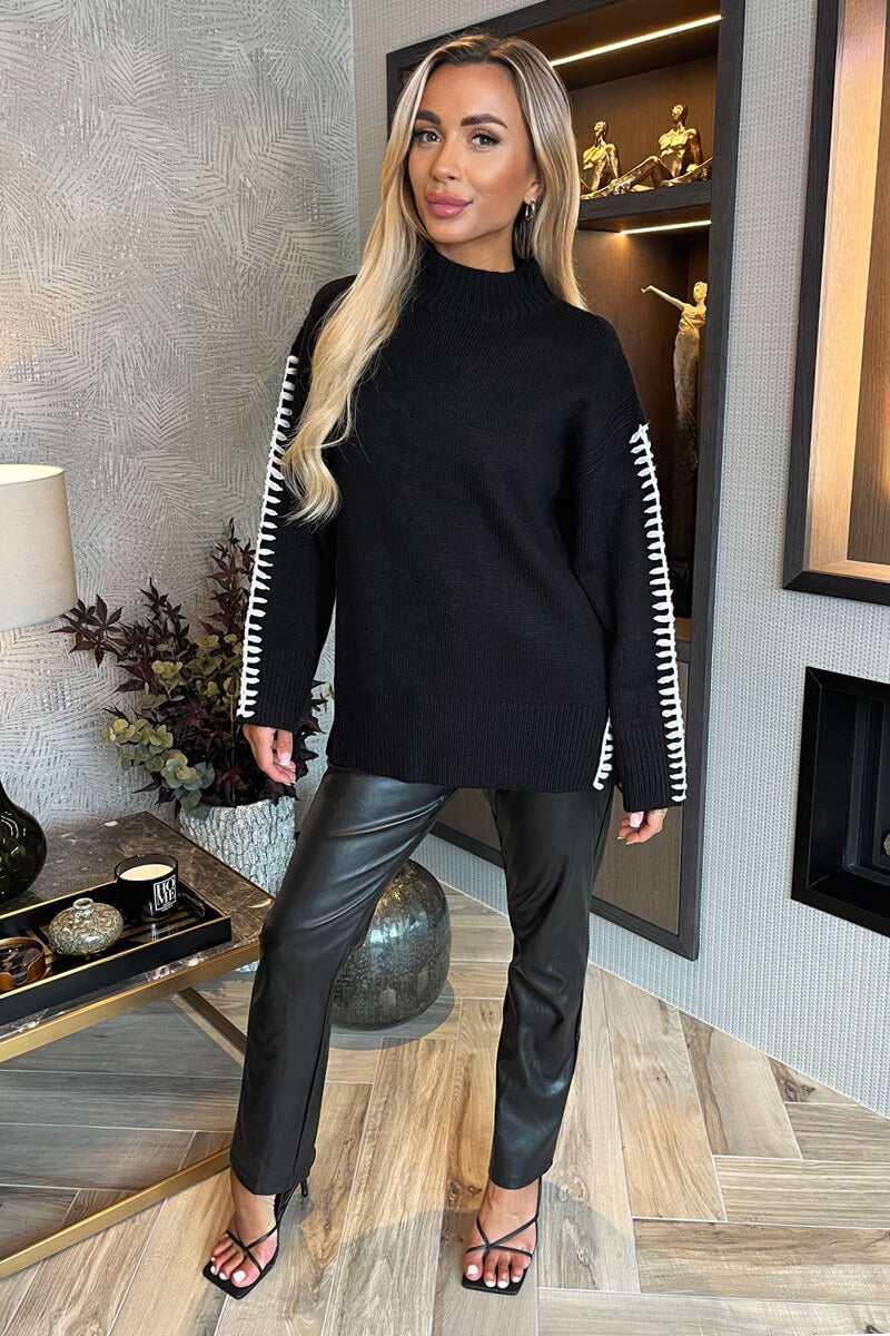 Kristel | Women’s mock neck blanket stitch detail knitted sweater