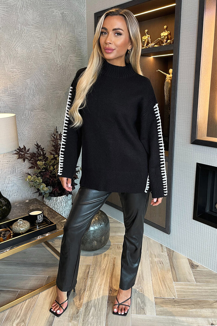 Kristel | Women’s mock neck blanket stitch detail knitted sweater