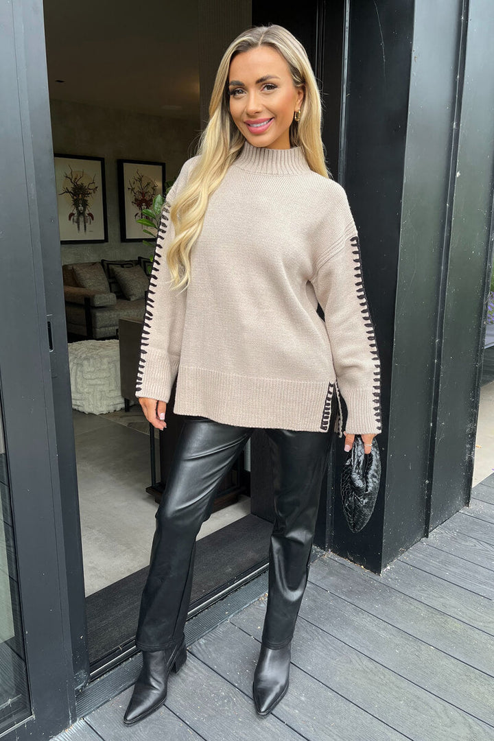 Cecile | Women’s mock neck blanket stitch detail knitted sweater