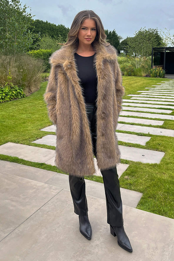 Sky | Women’s long faux fur coat with collar and snap front