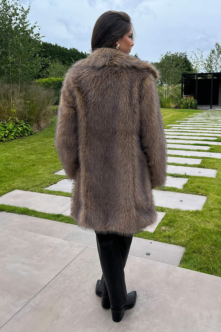 Sky | Women’s long faux fur coat with collar and snap front