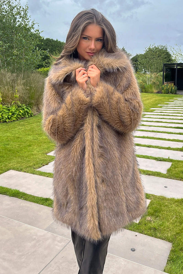 Sky | Women’s long faux fur coat with collar and snap front