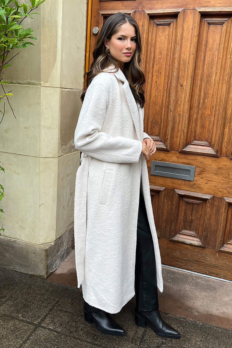 Rinalyn | Women’s longline trench coat with tie belt in boucle fabric