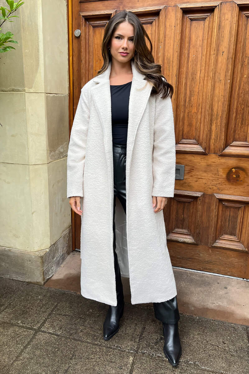 Rinalyn | Women’s longline trench coat with tie belt in boucle fabric