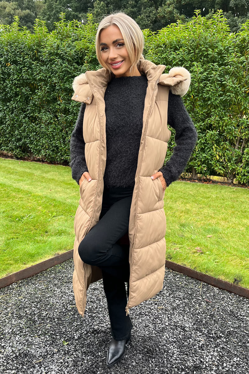 Lailah | Women’s longline padded vest with faux fur hood