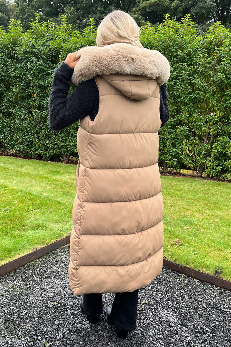Lailah | Women’s longline padded vest with faux fur hood