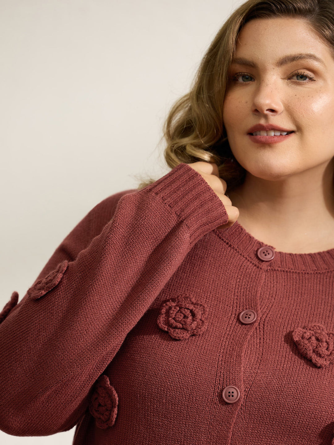 Tori | Women’s 3D floral applique button front knit cardigan