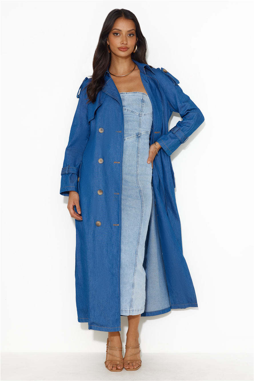 Cindy | Women’s denim trench coat with waist tie and button closure