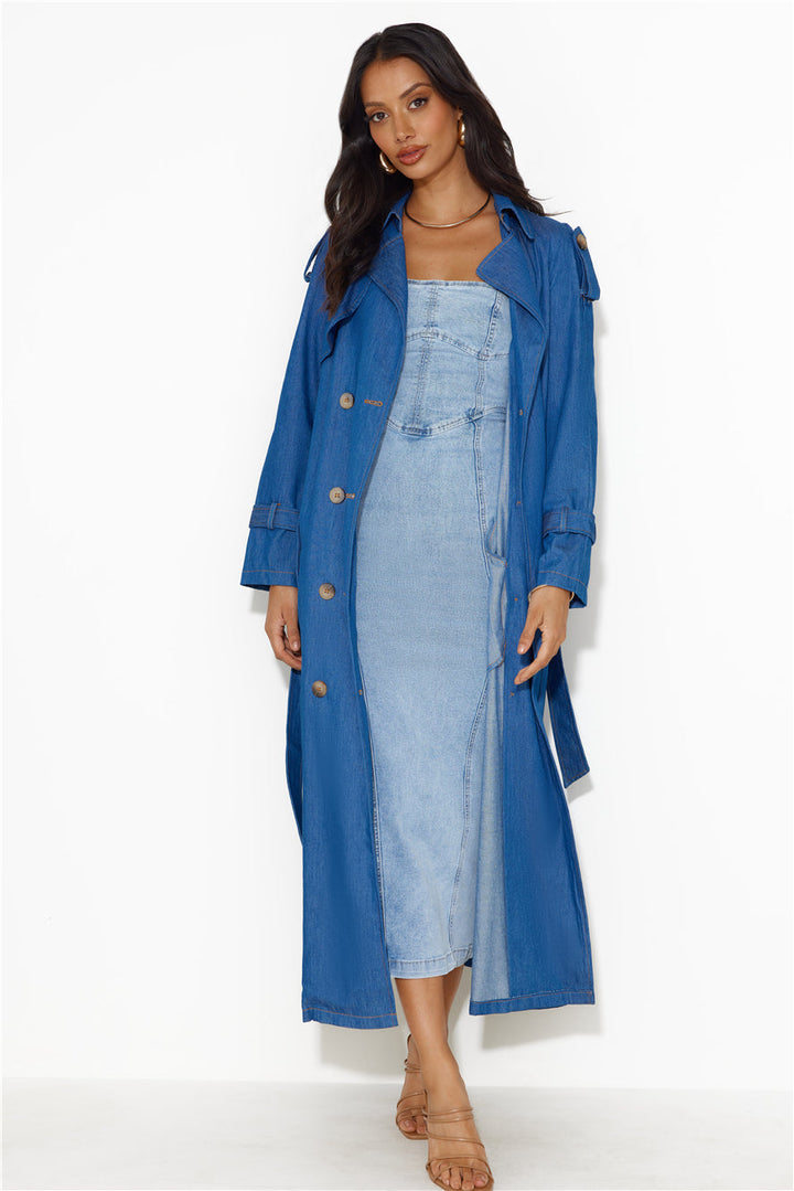 Cindy | Women’s denim trench coat with waist tie and button closure