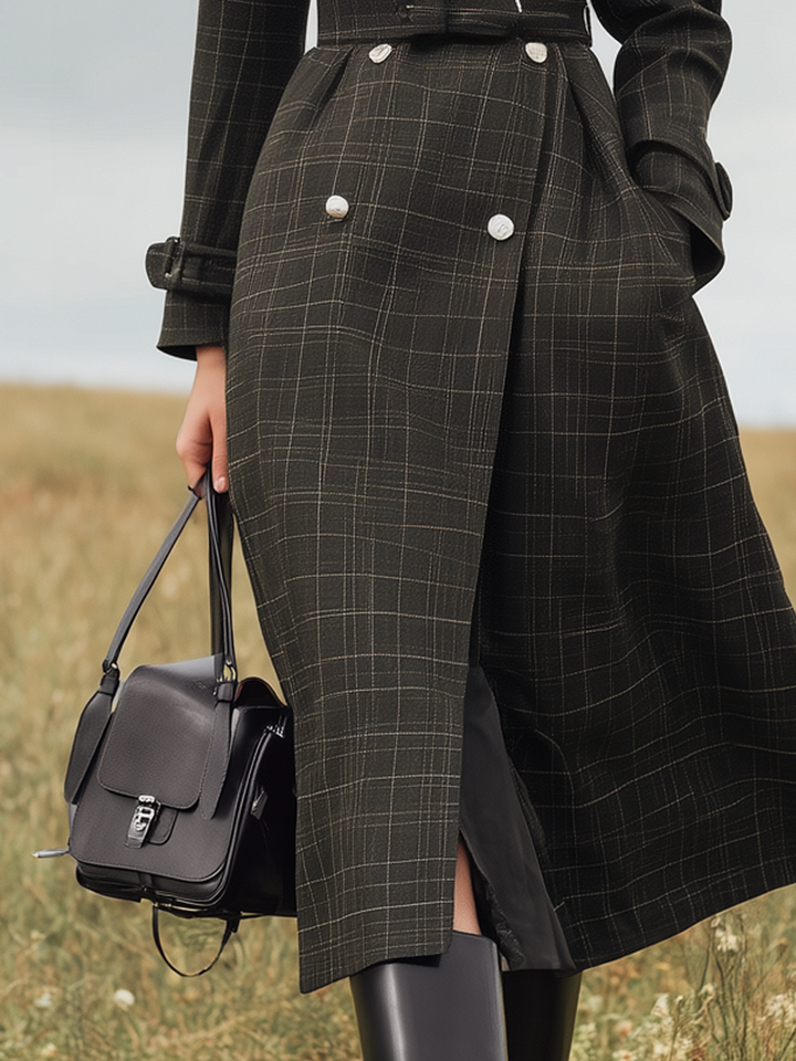 Jewel | Women’s retro plaid trench coat with stand-up collar and double-breasted design