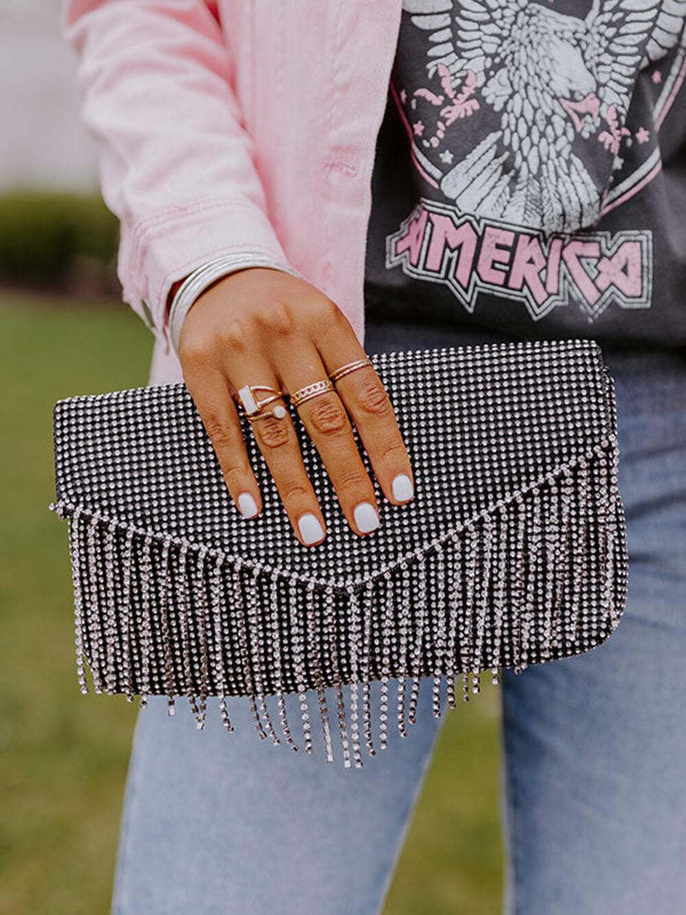 Susie | Women’s crystal beaded clutch bag with fringe detail