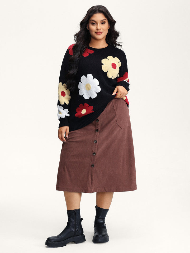 Lilia | Women’s corduroy button detail A-line midi skirt