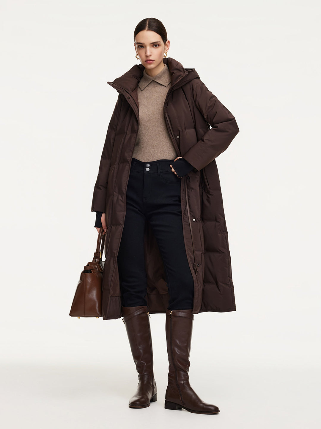 Ellyn | Women’s quilted hooded wrap overcoat with a structured winter silhouette
