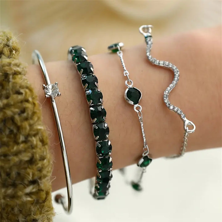 Jhacy | Women’s bracelet set with green gem stone accents and crystal details