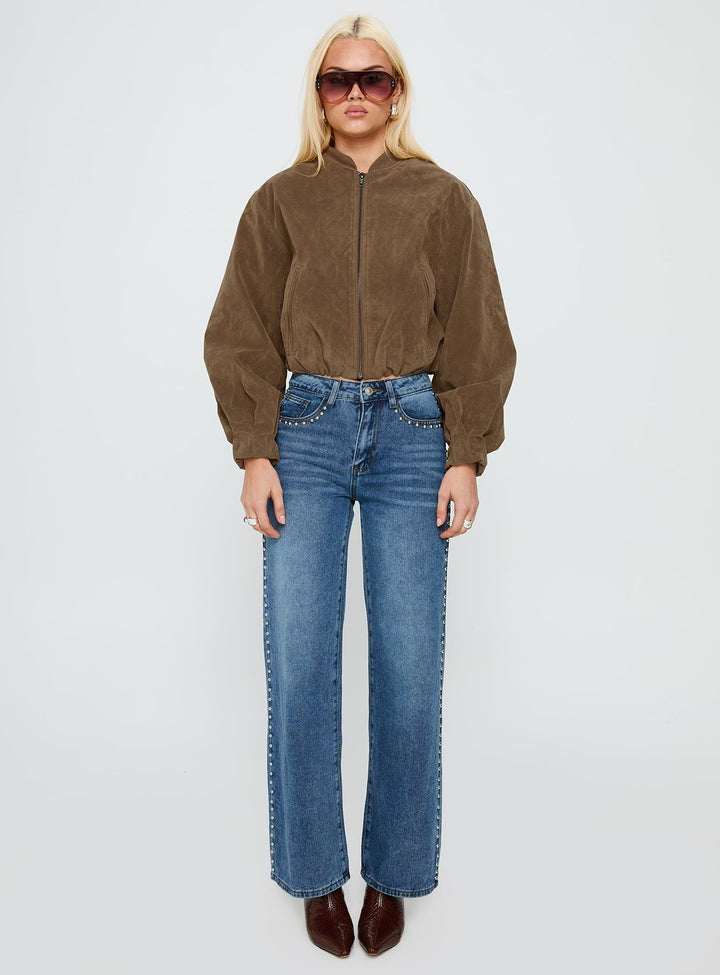 Amanda | Women’s cropped faux suede bomber jacket with zip front and cuffed hem