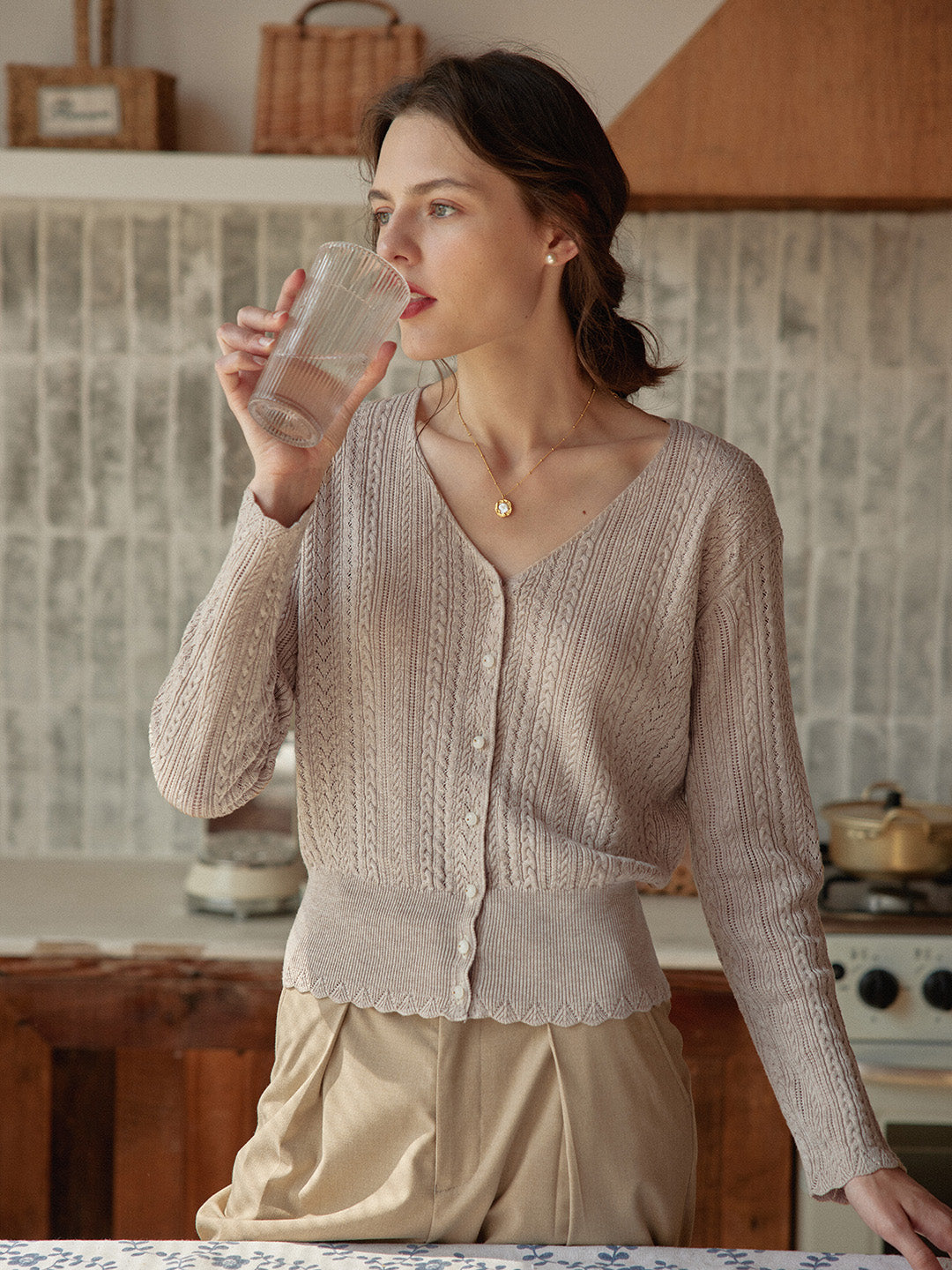 Milena | Women’s sweater with cable knit and glazed button detail