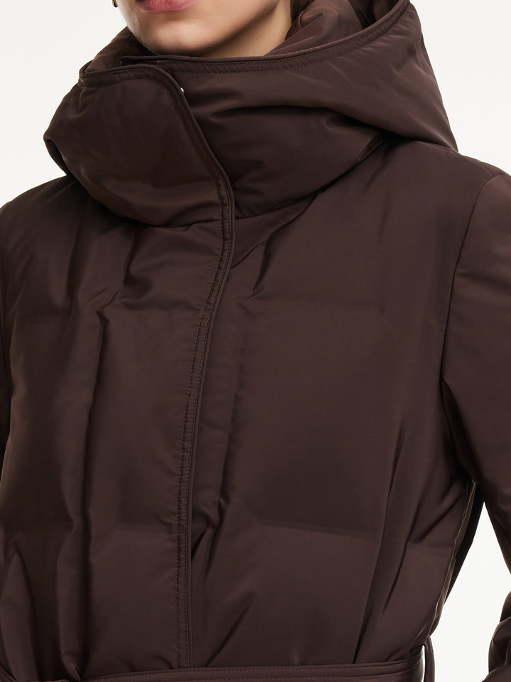 Ellyn | Women’s quilted hooded wrap overcoat with a structured winter silhouette