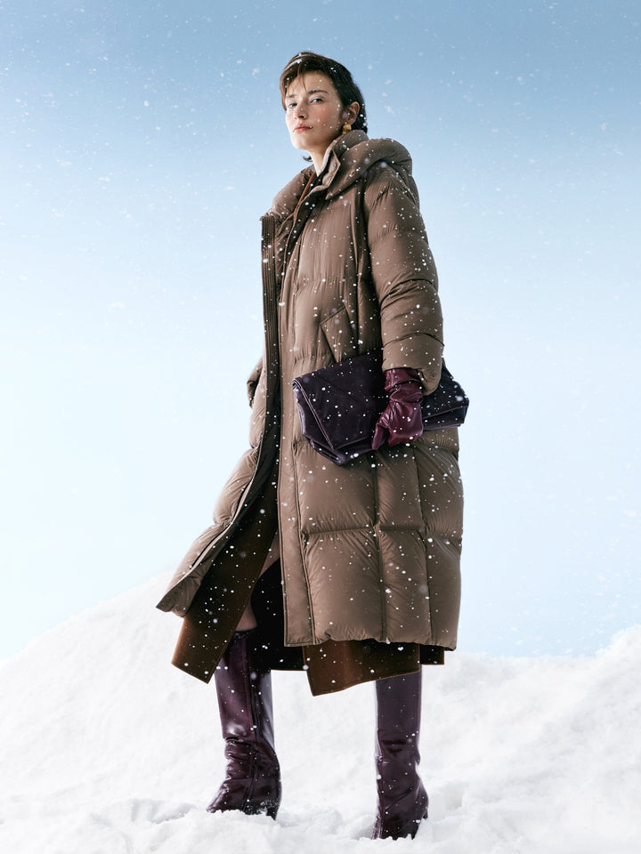 Corvyn | Women’s lightweight long winter coat with a sleek hooded silhouette