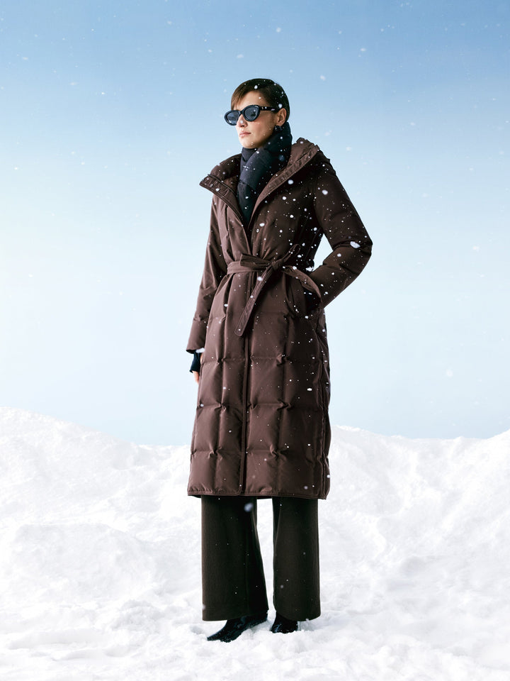 Ellyn | Women’s quilted hooded wrap overcoat with a structured winter silhouette