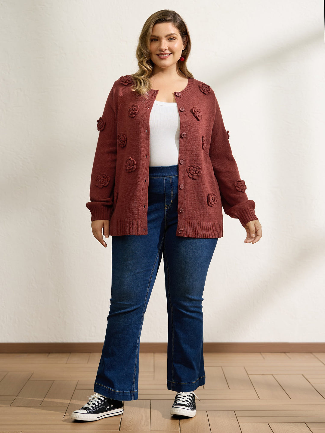 Tori | Women’s 3D floral applique button front knit cardigan