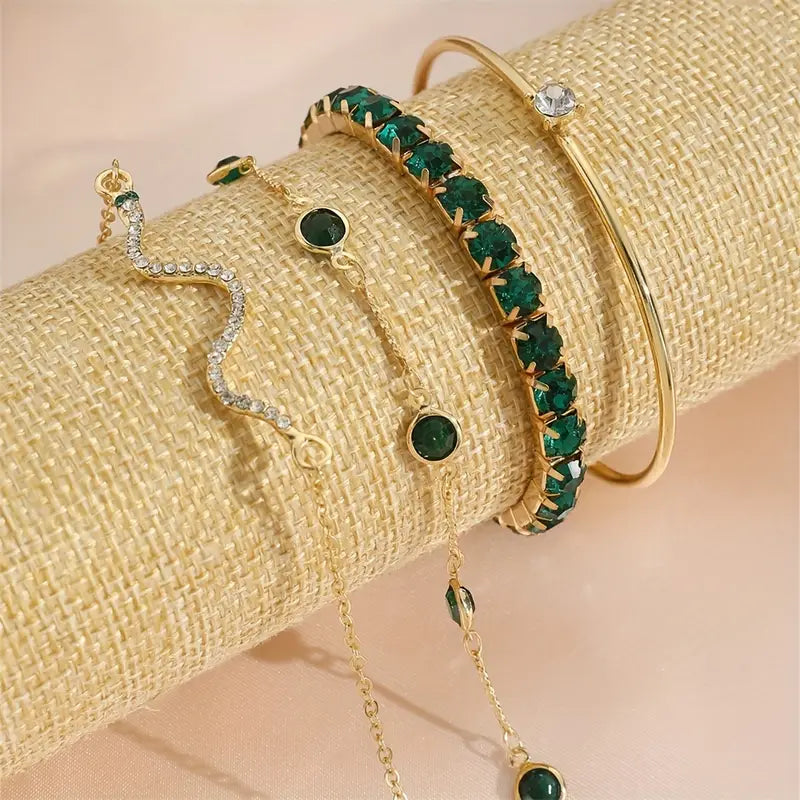Jhacy | Women’s bracelet set with green gem stone accents and crystal details