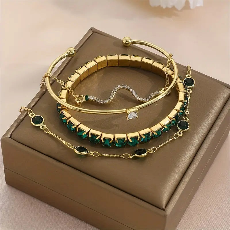 Jhacy | Women’s bracelet set with green gem stone accents and crystal details