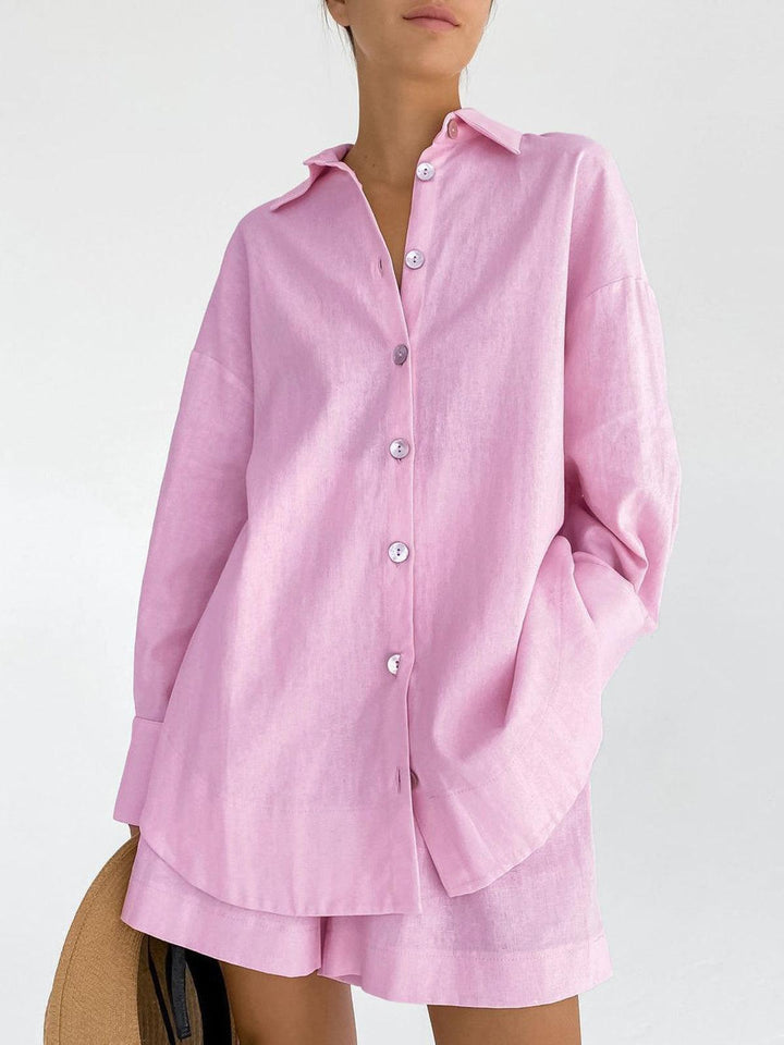 Bea| Women’s oversized button-up shirt with matching shorts