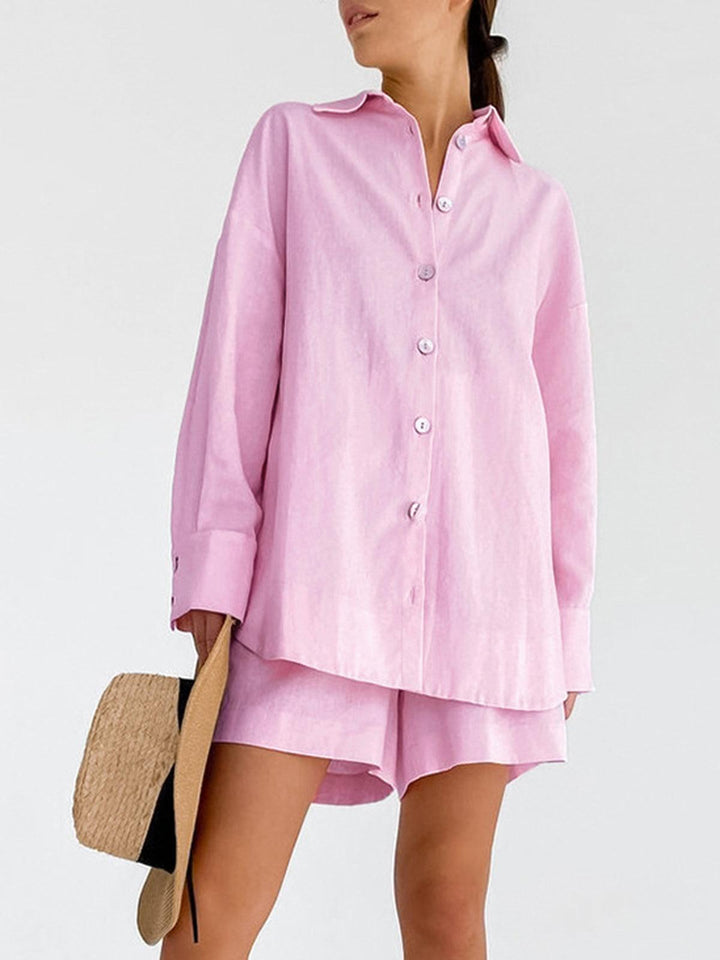 Bea| Women’s oversized button-up shirt with matching shorts