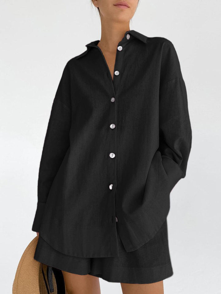 Bea| Women’s oversized button-up shirt with matching shorts