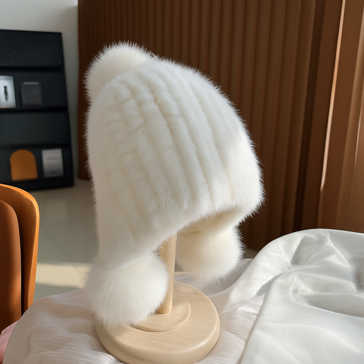 Alianna | Women’s mink fur beanie with fox fur pompoms
