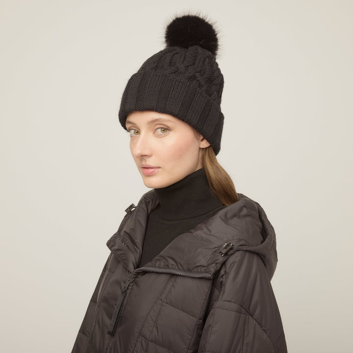 Lirena | Women’s textured cable knit pom beanie with a sculpted cold-season silhouette