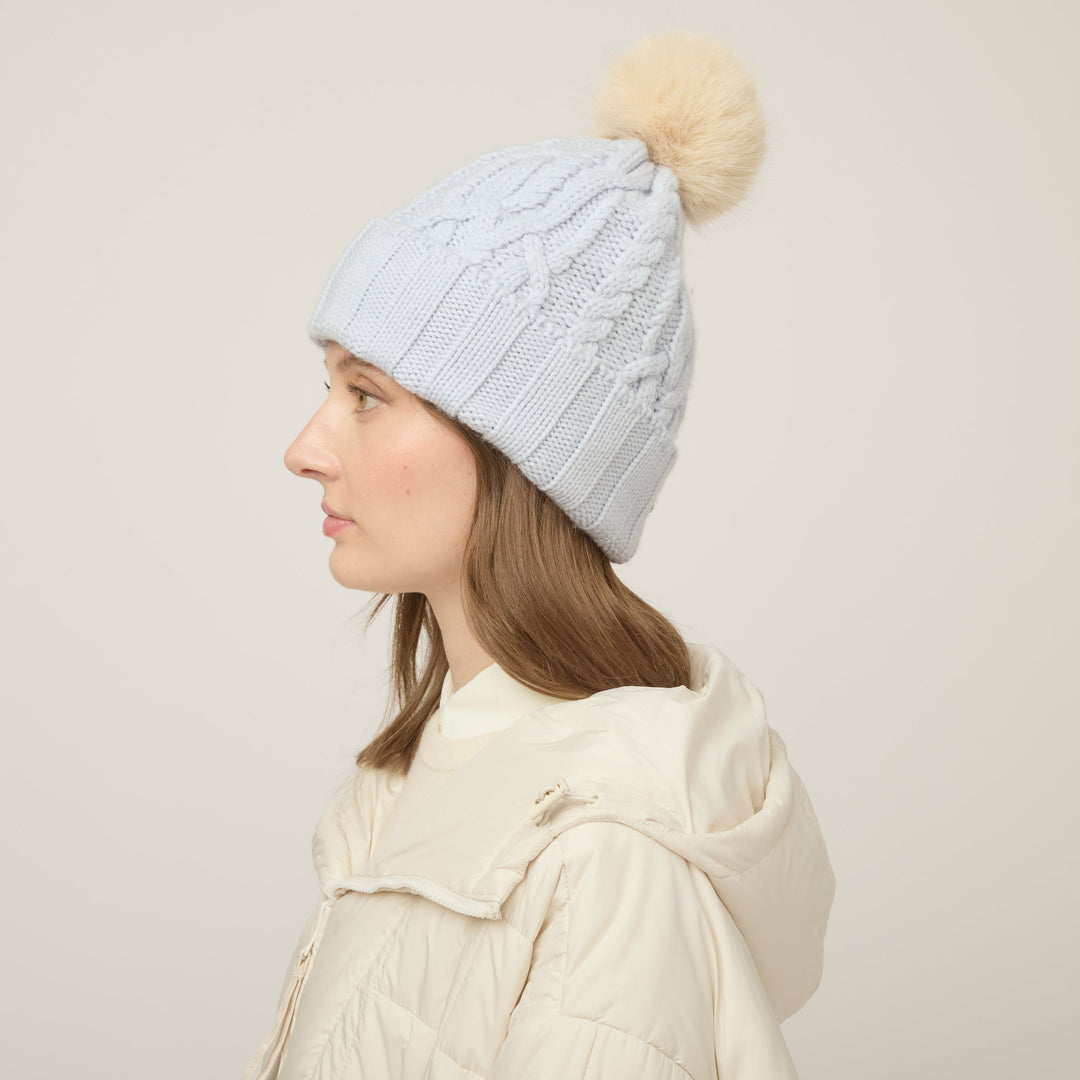 Halynn | Women’s cable knit beanie with a soft pom-pom accent