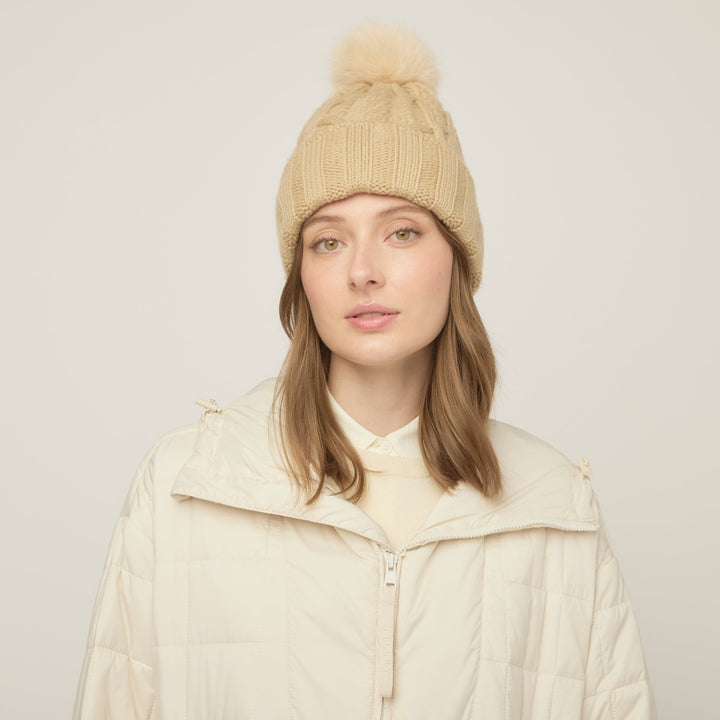 Lirena | Women’s textured cable knit pom beanie with a sculpted cold-season silhouette