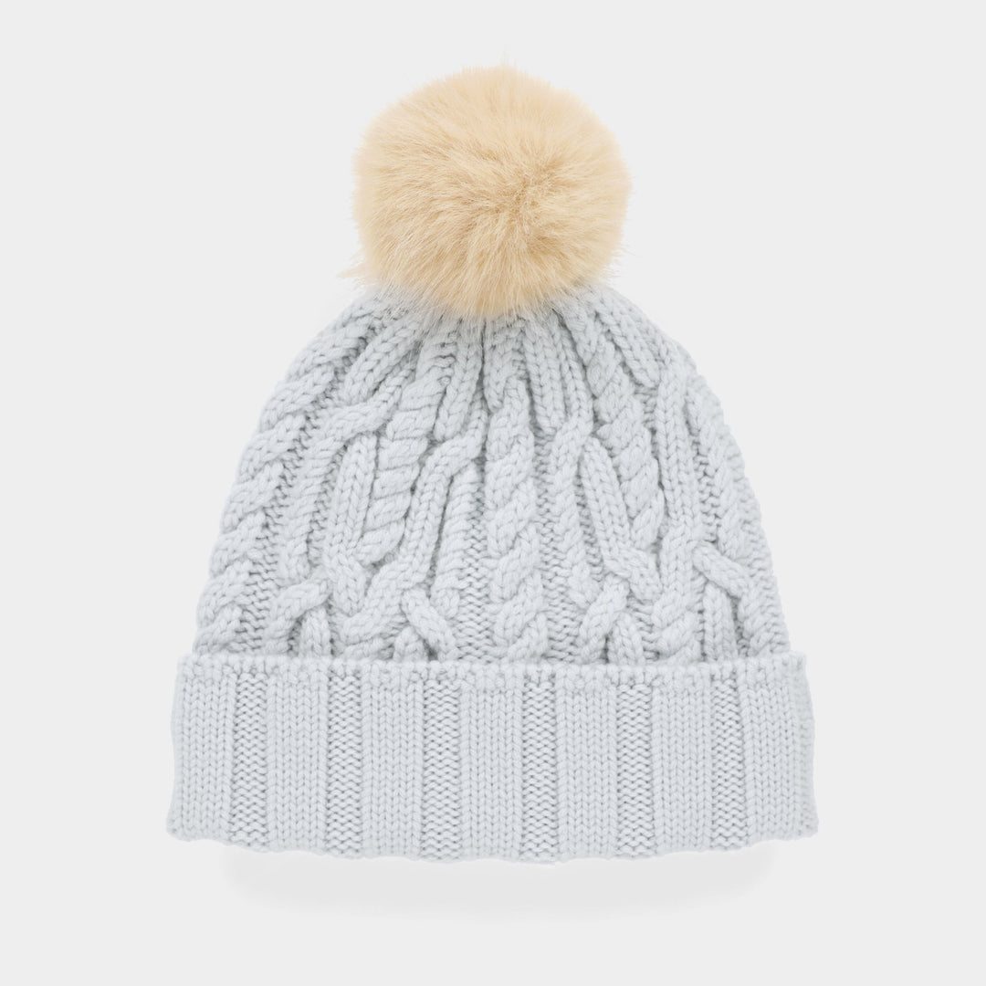 Halynn | Women’s cable knit beanie with a soft pom-pom accent