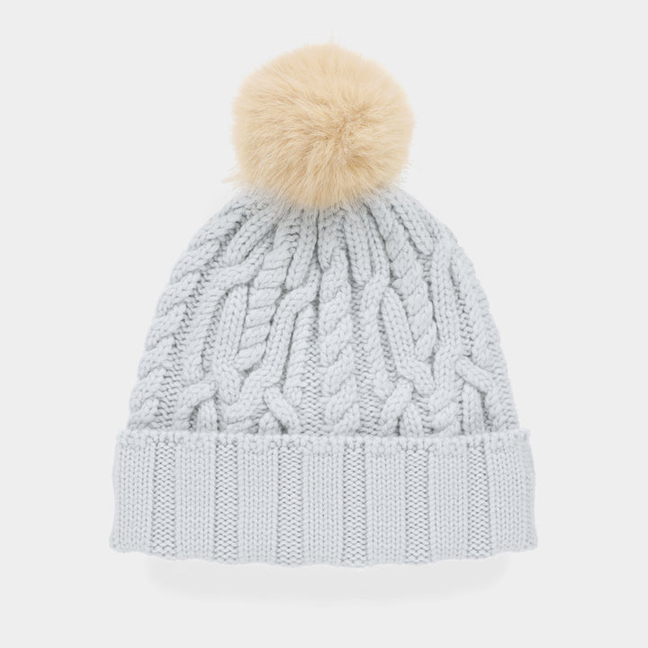 Halynn | Women’s cable knit beanie with a soft pom-pom accent