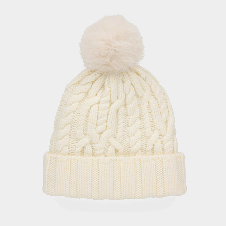 Halynn | Women’s cable knit beanie with a soft pom-pom accent