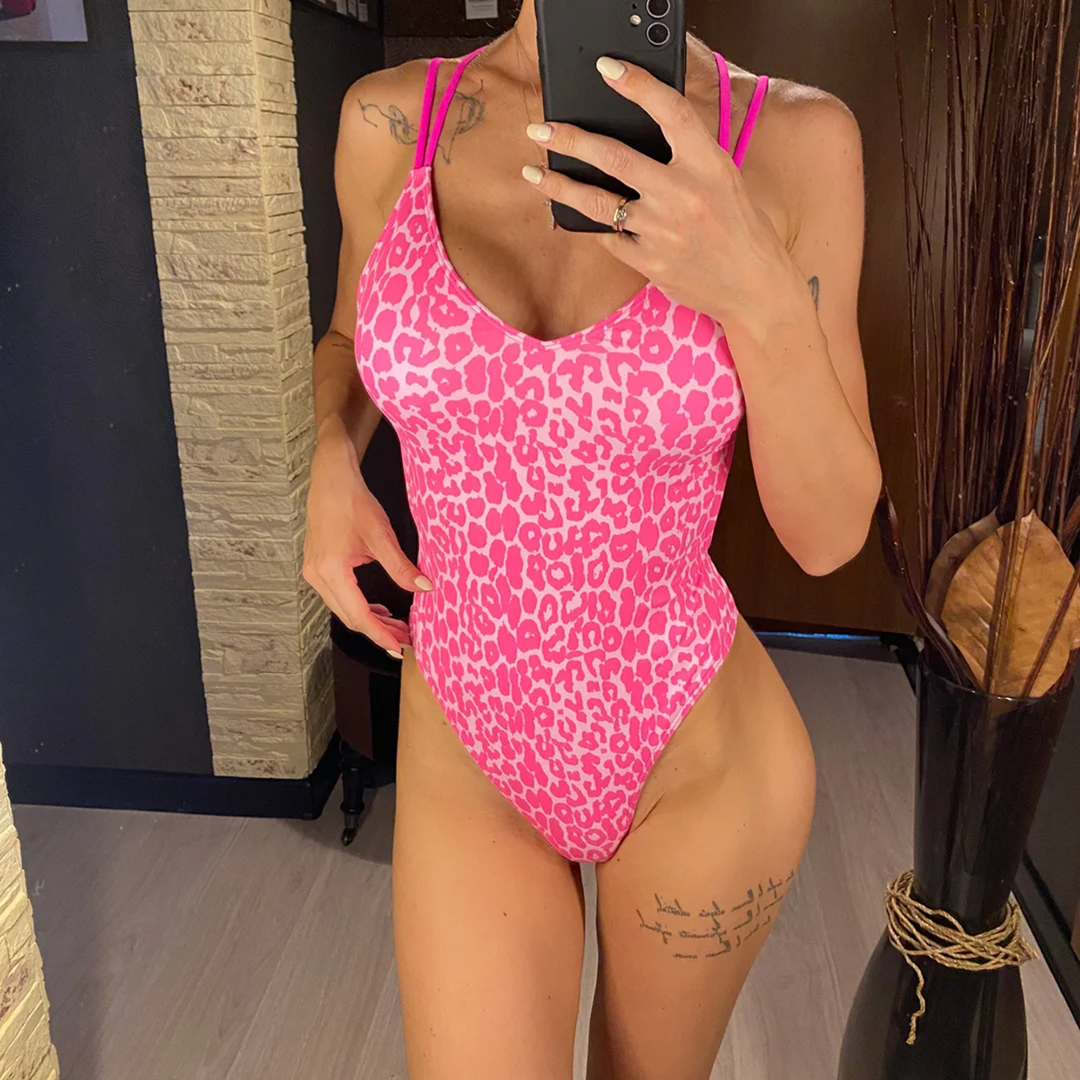 Lena | Women’s one-piece swimsuit with pink leopard print and strappy back