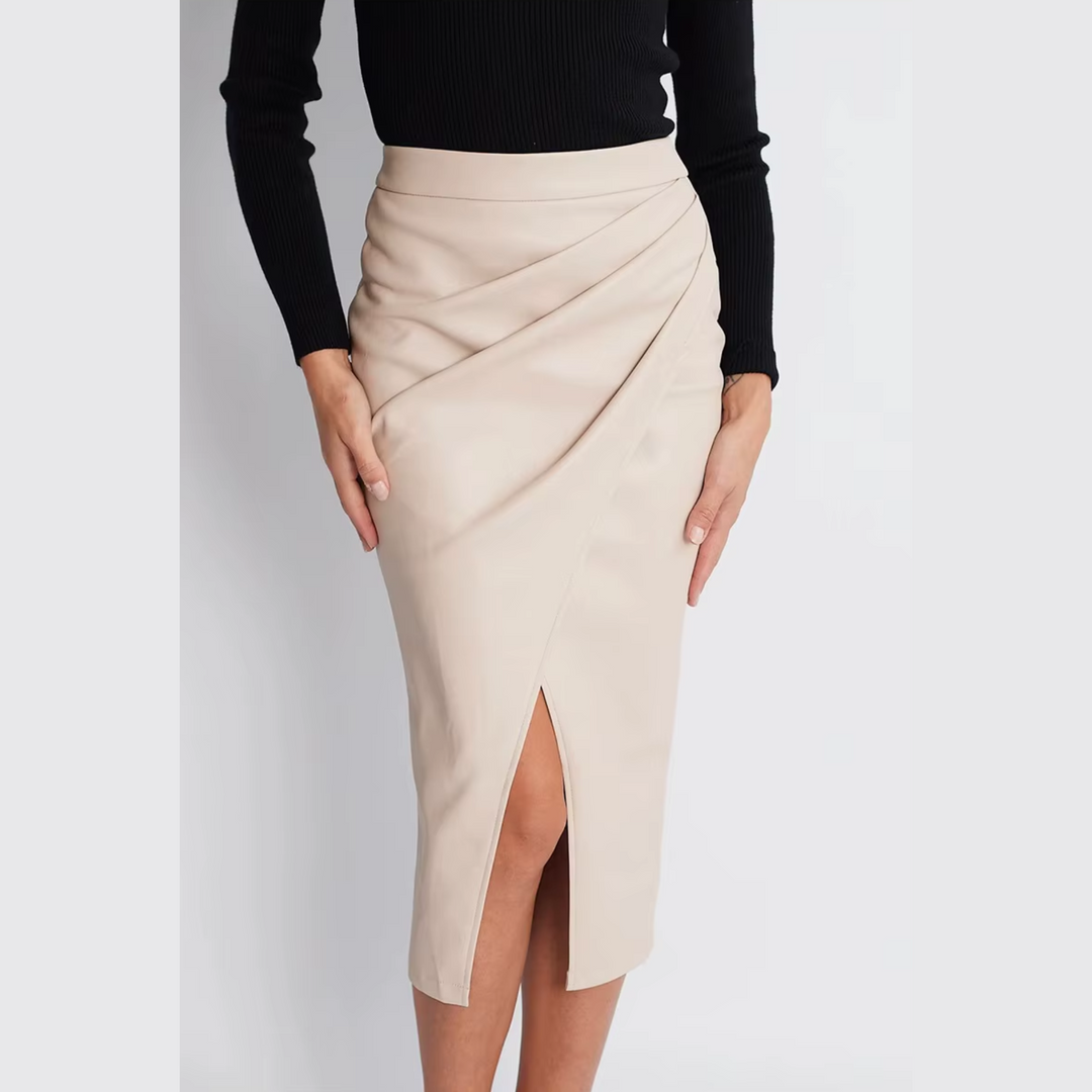 Stella | Women’s draped midi skirt with faux leather and front split
