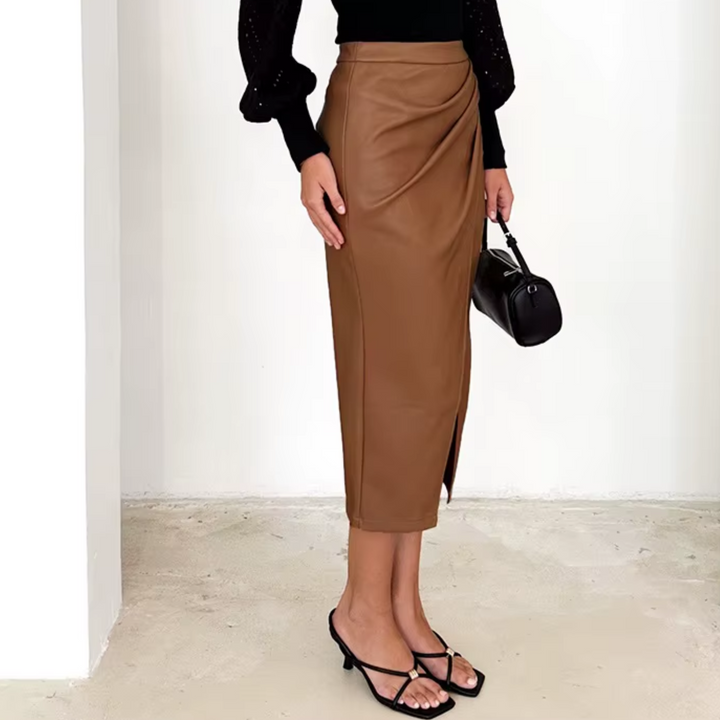 Stella | Women’s draped midi skirt with faux leather and front split