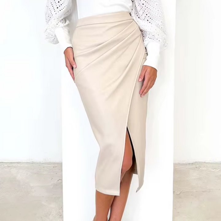 Stella | Women’s draped midi skirt with faux leather and front split