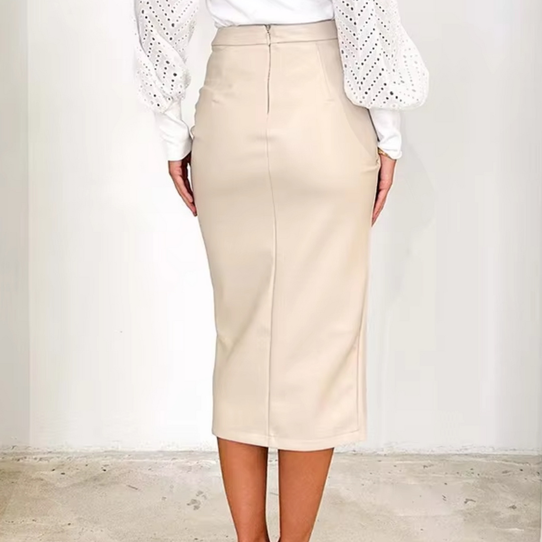 Stella | Women’s draped midi skirt with faux leather and front split