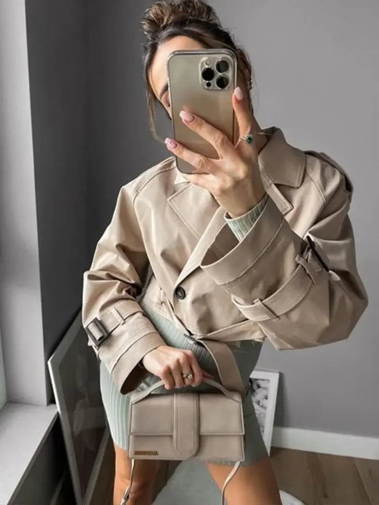 Ivory | Women’s cropped trench coat with oversized fit and structured collar