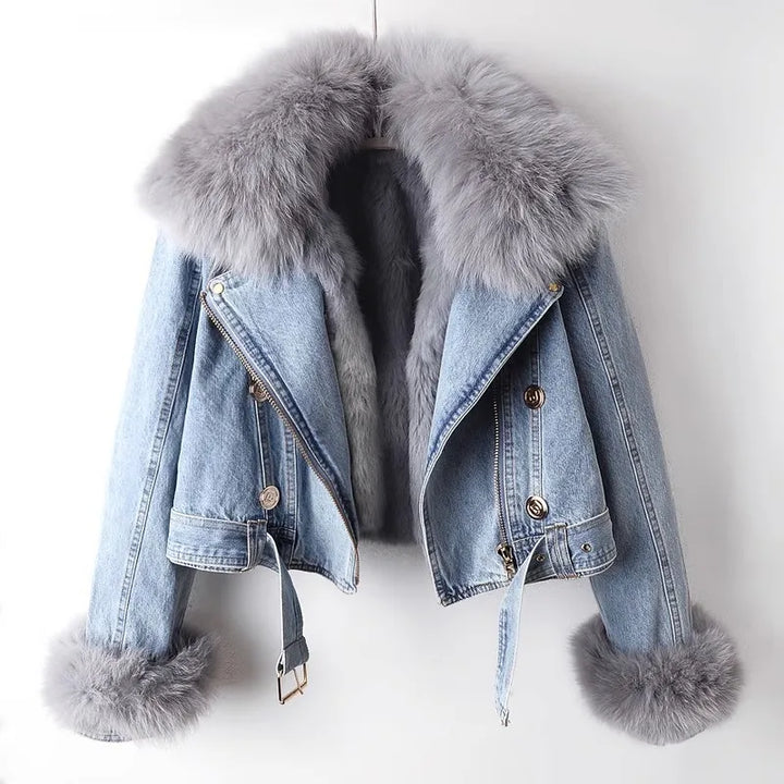 Celestine | Women’s denim jacket with faux-fur cuffs and plush lining