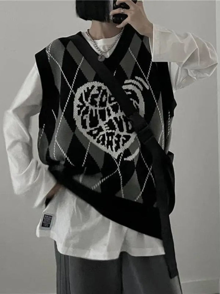 Mitch | Women’s argyle sweater vest with graphic heart design